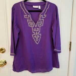 Chico's Purple Linen Beaded Trim 3/4 Sleeve Sz Medium Tunic Top Blouse